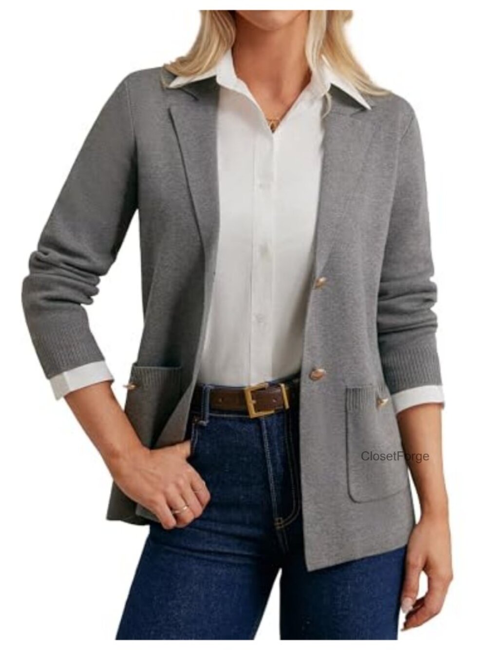 Women Knit Blazer Open Front Long Sleeve Work Cardigan with Pockets